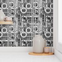 Steampunk pipes and gears grayscale 222ppi fabric 333ppi wallpaper 222ppi giftwrap 