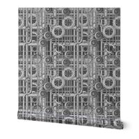 Steampunk pipes and gears grayscale 222ppi fabric 333ppi wallpaper 222ppi giftwrap 
