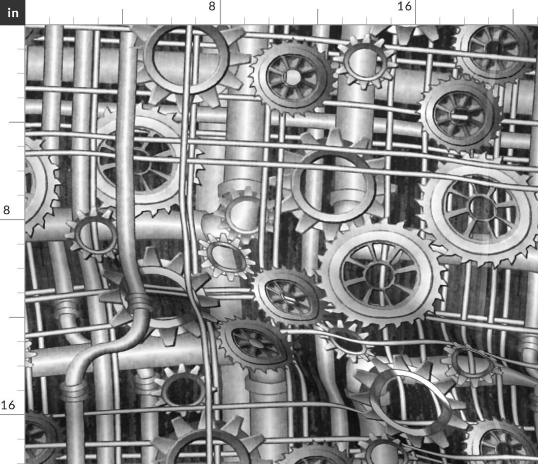 Steampunk pipes and gears grayscale 222ppi fabric 333ppi wallpaper 222ppi giftwrap 