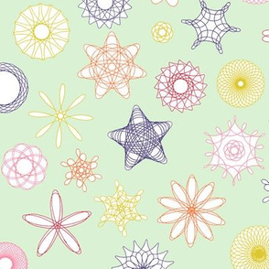 Gear-drawn flowers on light green (life sized, 16" repeat)