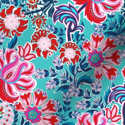 Bohemian Floral Paisley in Turquoise, Pink and Red