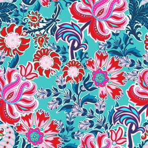Bohemian Floral Paisley in Turquoise, Pink and Red