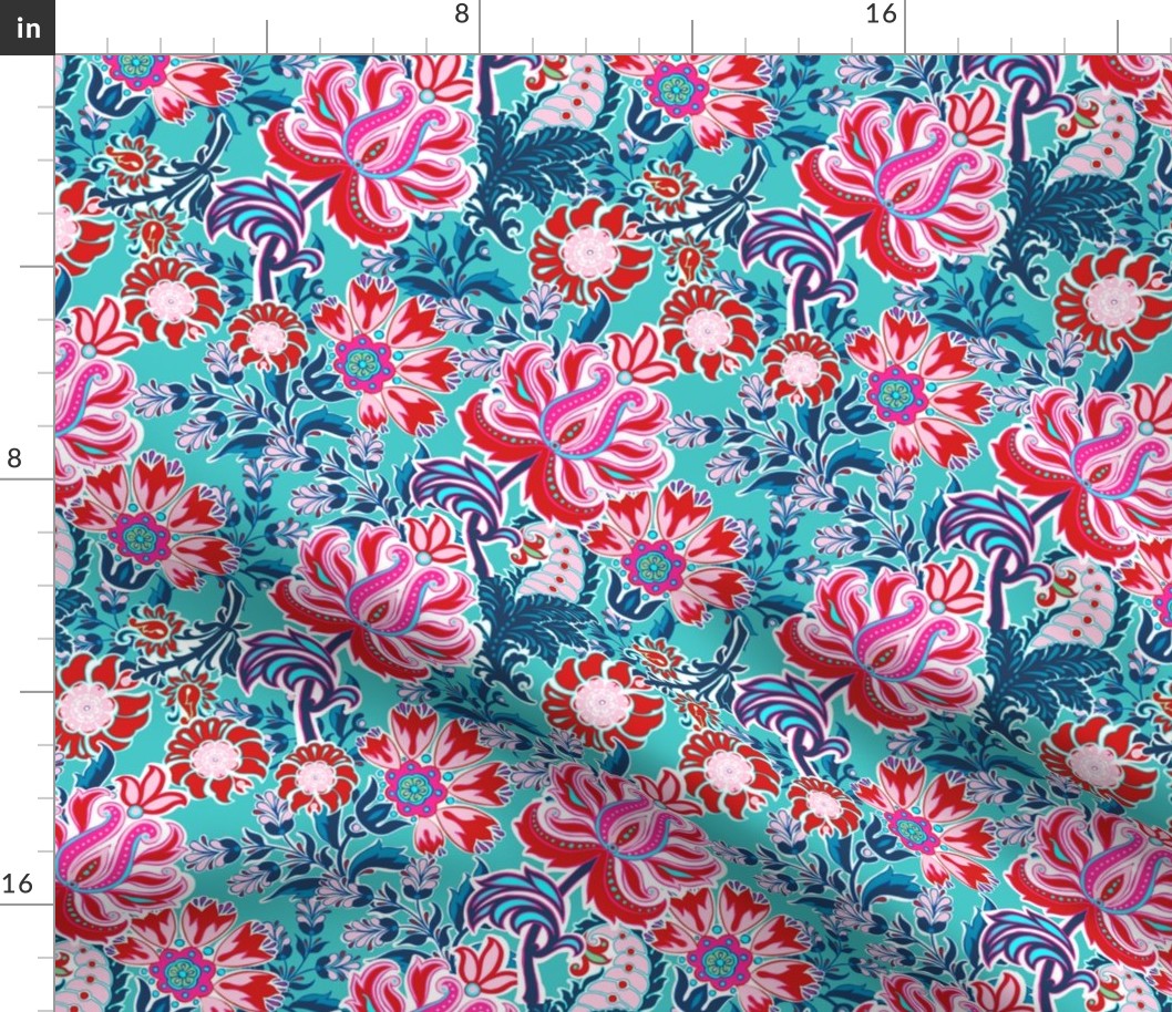 Bohemian Floral Paisley in Turquoise, Pink and Red