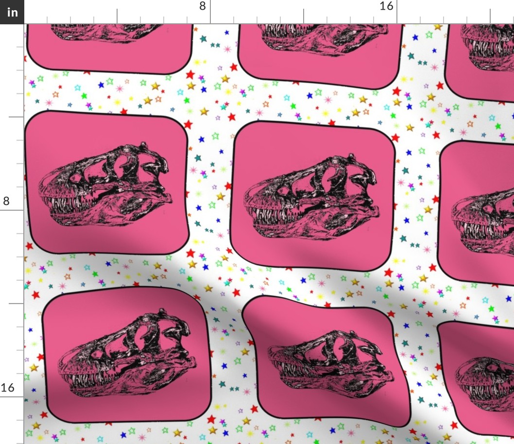 Bohemian Dinosaur | Vintage T-Rex Skull on Pink, Cheater Quilt Blocks 