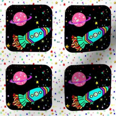 Rocket Ship {Aqua on Black Starfield} | Cheater Quilt Blocks | Bohemian Sky