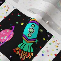 Rocket Ship {Aqua on Black Starfield} | Cheater Quilt Blocks | Bohemian Sky