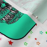 Dinosaur |  Vintage T-Rex Dinosaur Skull on Green, Rainbow Starfield on White, Cheater Quilt Blocks