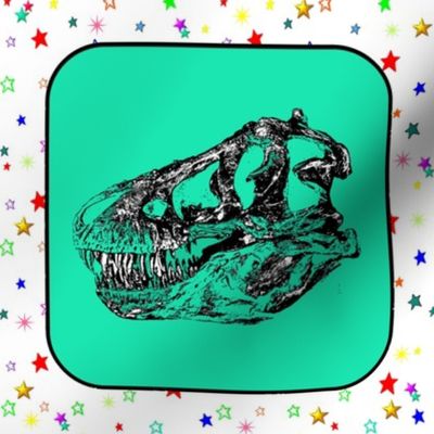 Dinosaur |  Vintage T-Rex Dinosaur Skull on Green, Rainbow Starfield on White, Cheater Quilt Blocks