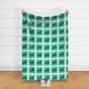 Dinosaur |  Vintage T-Rex Dinosaur Skull on Green, Rainbow Starfield on White, Cheater Quilt Blocks