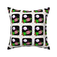 Pink Rocket on Rainbow Black & White Starfield, Cheater Quilt Blocks