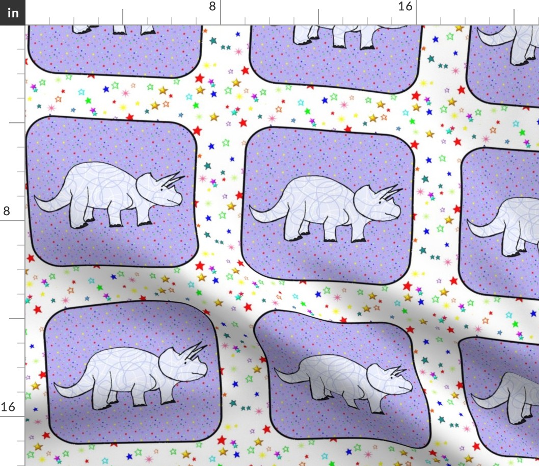 Bohemian Dinosaur |  Triceratops on Purple Starfield Cheater Quilt Block