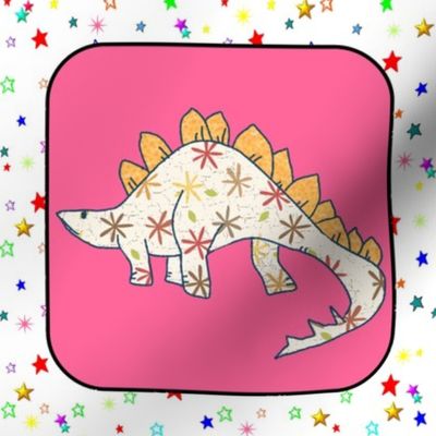 Bohemian Dinosaur | Stegosaurus on Pink and White Colorful Stars Cheater Quilt Block
