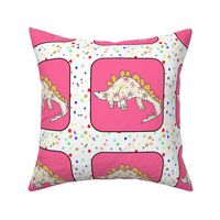 Bohemian Dinosaur | Stegosaurus on Pink and White Colorful Stars Cheater Quilt Block