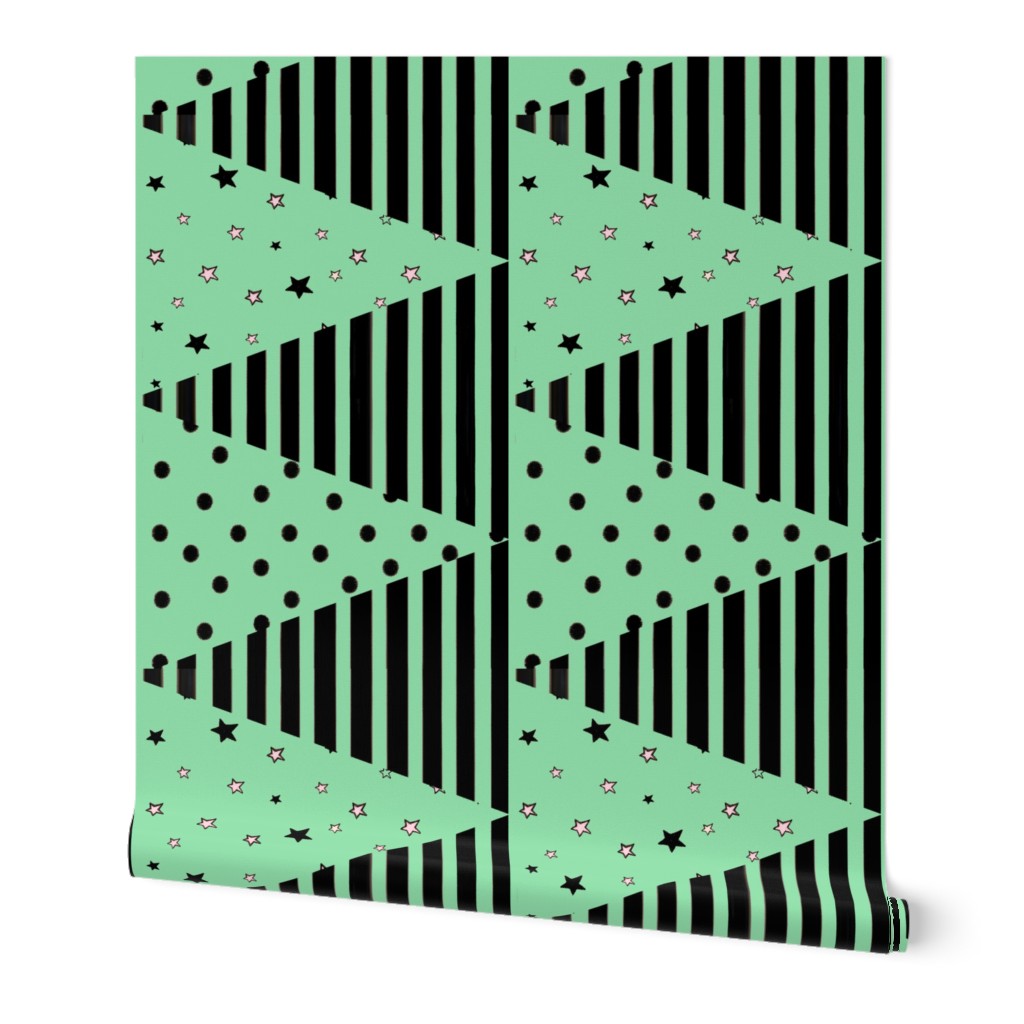 Mint Green Black Triangle Bunting Pennants, Star Spot Stripe