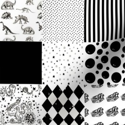 Black and White Patchwork Cheater Quilt | Stars Dinosarus Stripes Harlequin Rockets