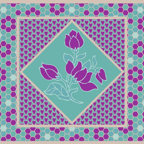 Batik flower quilt block 18X27 placemat VIOLET-TAN-MGRN