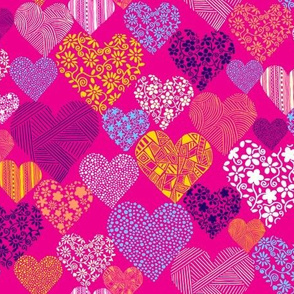 Eclectic patterned and floral hearts on fuschia background