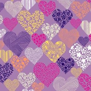 Eclectic Patterned Hearts on Purple Background