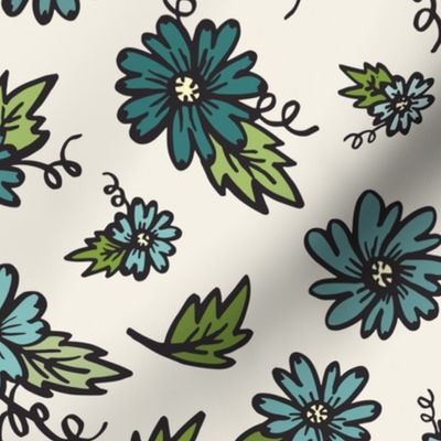 Flower Doodles - Teals on Creme