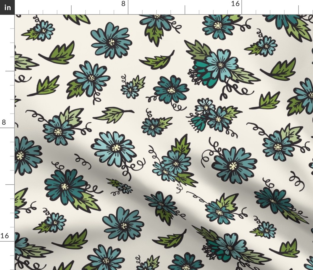 Flower Doodles - Teals on Creme