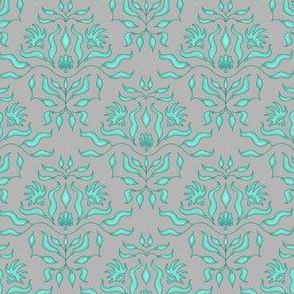 Seaweed damask - teal on grey