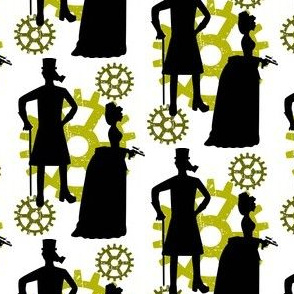Steampunk Victorian Silhouette Couple with Gears & Raygun