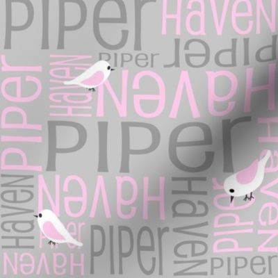Personalised Name Fabric - Birds in Pink and Grey