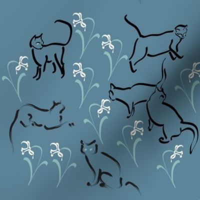 Cats in the garden-fabric3-BLUE