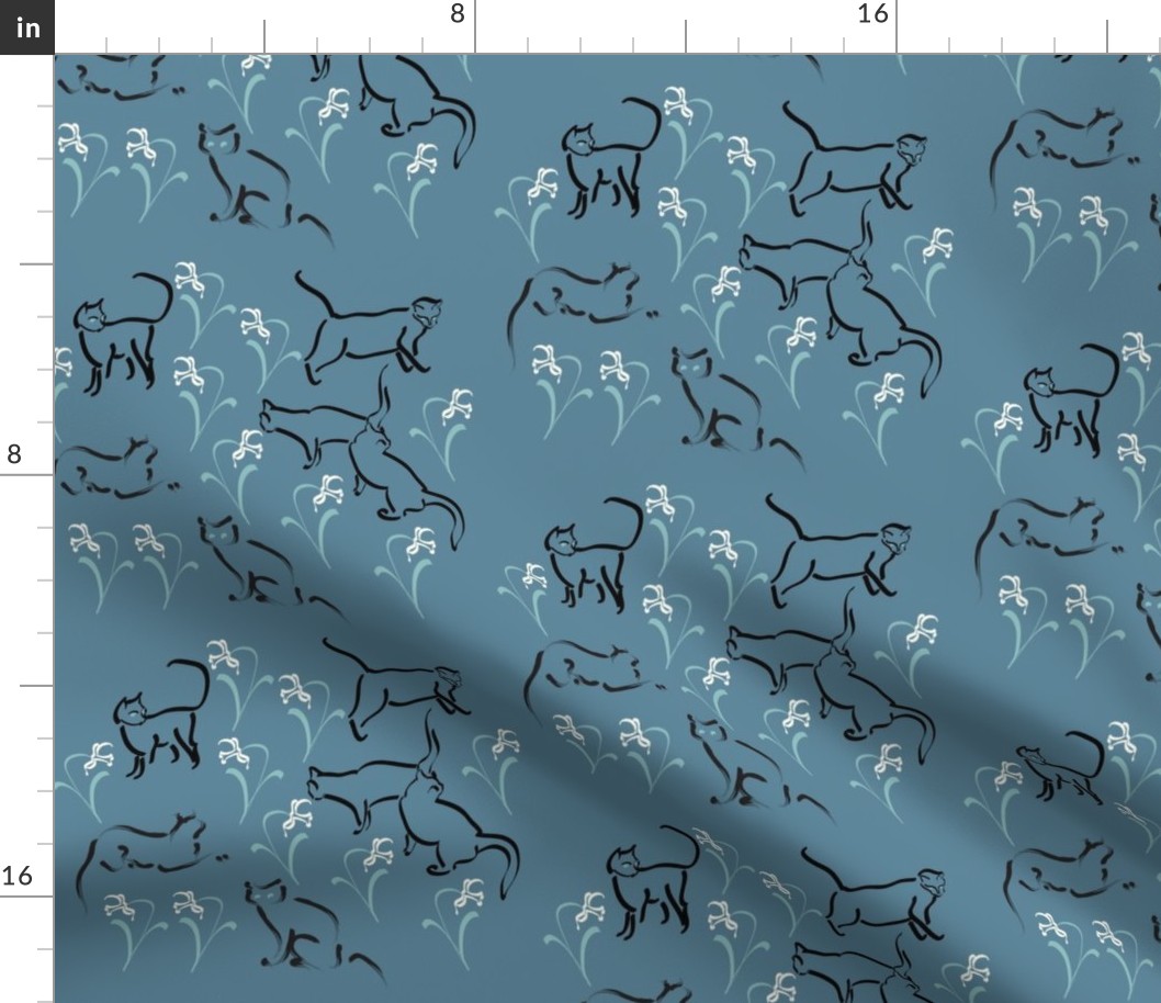 Cats in the garden-fabric3-BLUE