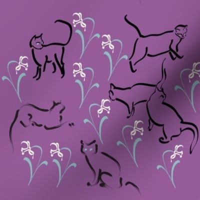 Cats in the garden-fabric3-PURPLE