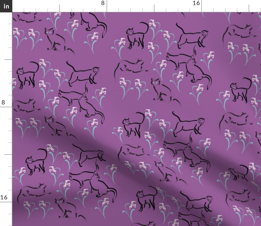 Cats in the garden-fabric3-PURPLE