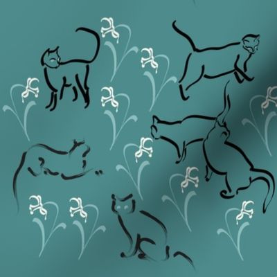 Cats in garden-fabric3-MINA-GREEN