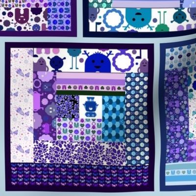 Cheater Log Cabin Quilt - Monsters, Robots and Bikes! - Blues and Purples