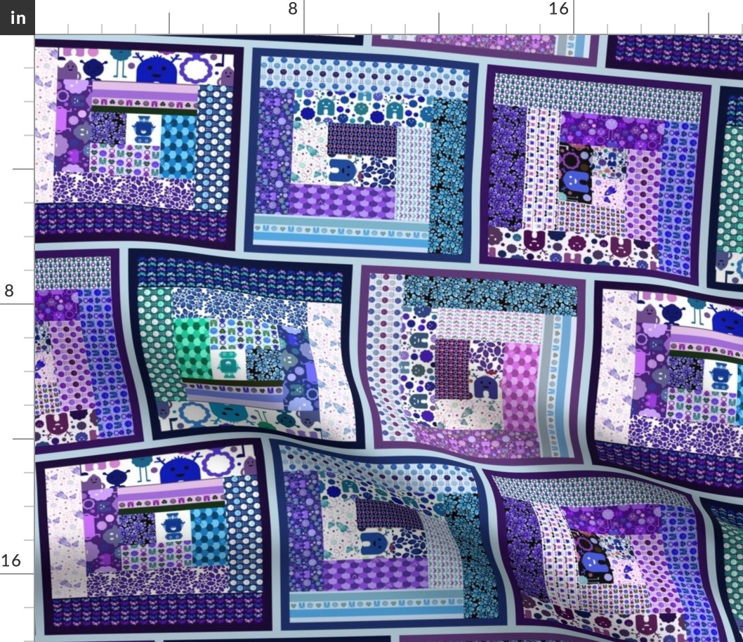 Cheater Log Cabin Quilt - Monsters, Robots and Bikes! - Blues and Purples