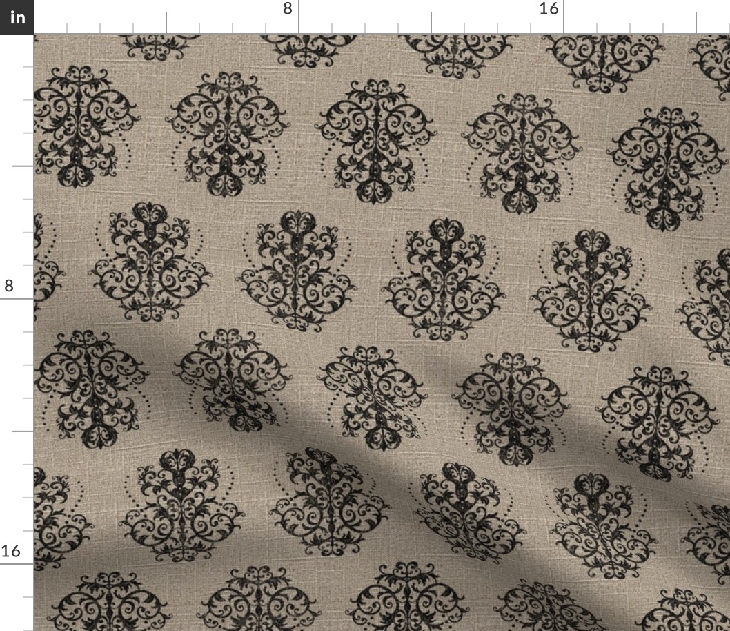 Damask in Black on Linen