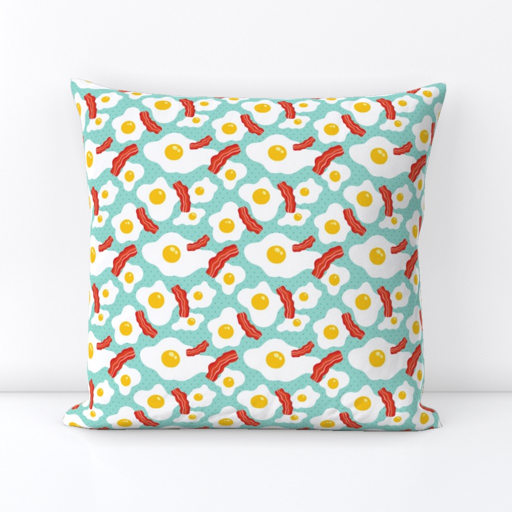 Fried egg and bacon pattern. Breakfast food design. Blue background.