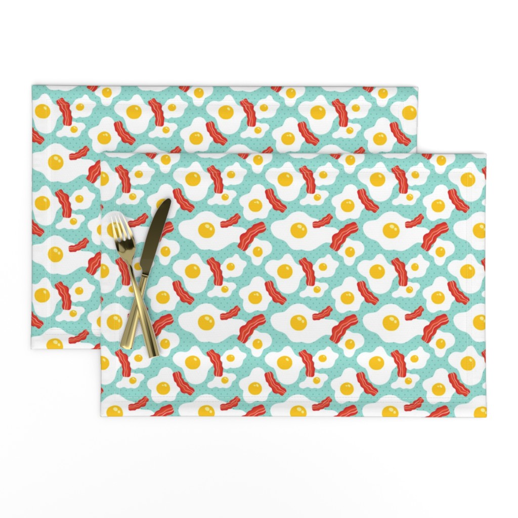 Fried egg and bacon pattern. Breakfast food design. Blue background.