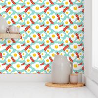 Fried egg and bacon pattern. Breakfast food design. Blue background.