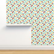 Fried egg and bacon pattern. Breakfast food design. Blue background.