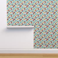 Fried egg and bacon pattern. Breakfast food design. Blue background.