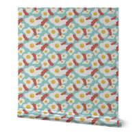 Fried egg and bacon pattern. Breakfast food design. Blue background.