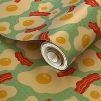 Fried egg and bacon pattern. Breakfast food design. Blue background.