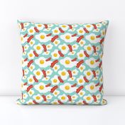 Fried egg and bacon pattern. Breakfast food design. Blue background.