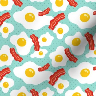Fried egg and bacon pattern. Breakfast food design. Blue background.