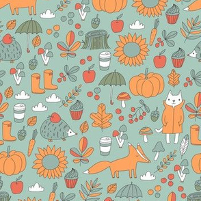 Sweet autumn. Fox and cat. Pumpkins and mushrooms.