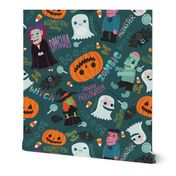 Halloween pattern. Zombie, ghost, pumpkin, witch, bat. Autumn October fabric pattern design