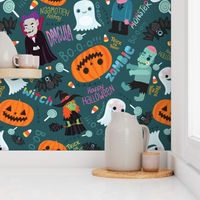 Halloween pattern. Zombie, ghost, pumpkin, witch, bat. Autumn October fabric pattern design