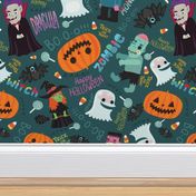 Halloween pattern. Zombie, ghost, pumpkin, witch, bat. Autumn October fabric pattern design