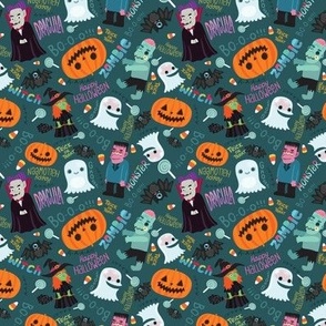 Halloween pattern. Zombie, ghost, pumpkin, witch, bat. Autumn October fabric pattern design