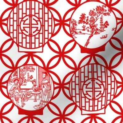 Chinoiserie Scenes through a moon gate, red by Su_G_©SuSchaefer